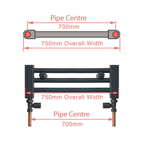 750mm Wide Towel Rail Pipe Centre / Axis 650mm diagram