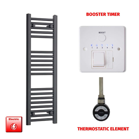 800mm High 300mm Wide Flat Black Pre-Filled Electric Heated Towel Radiator MOA Thermostatic Booster Timer