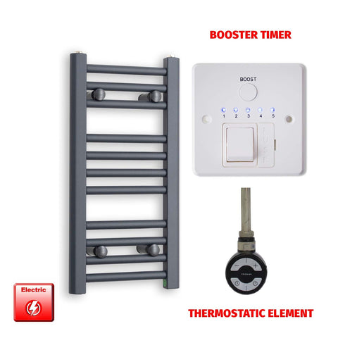 600 x 300 Flat Anthracite Pre-Filled Electric Heated Towel Radiator HTR MOA Thermostatic element Booster timer