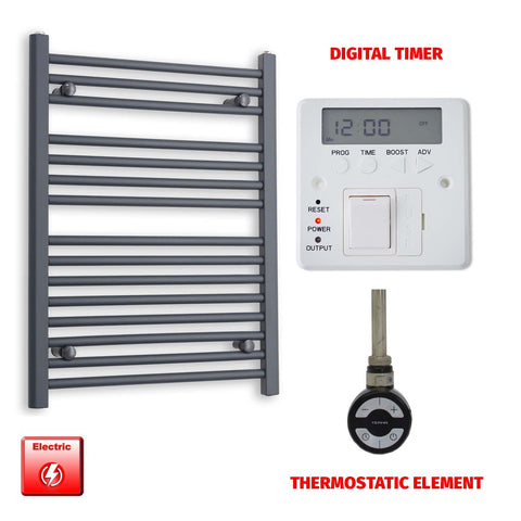 800mm High 600mm Wide Flat Anthracite Pre-Filled Electric Heated Towel Rail Radiator HTR MOA Thermostatic element Digital timer