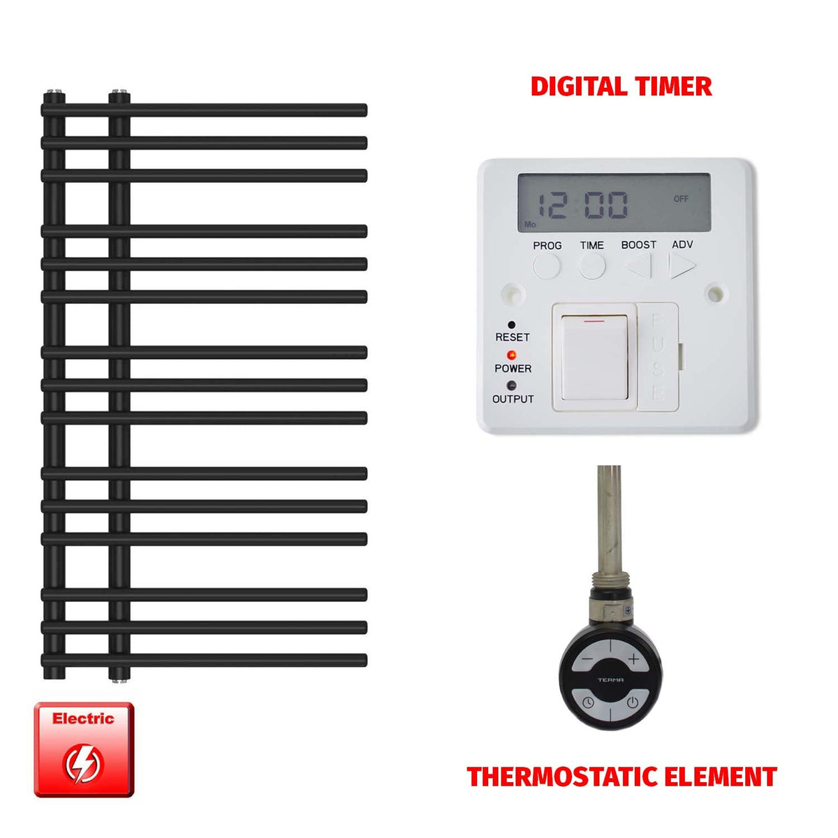 900 mm High x 500 mm Wide Difta Pre-Filled Electric Heated Towel Radiator Flat Black digital timer thermostatic element moa