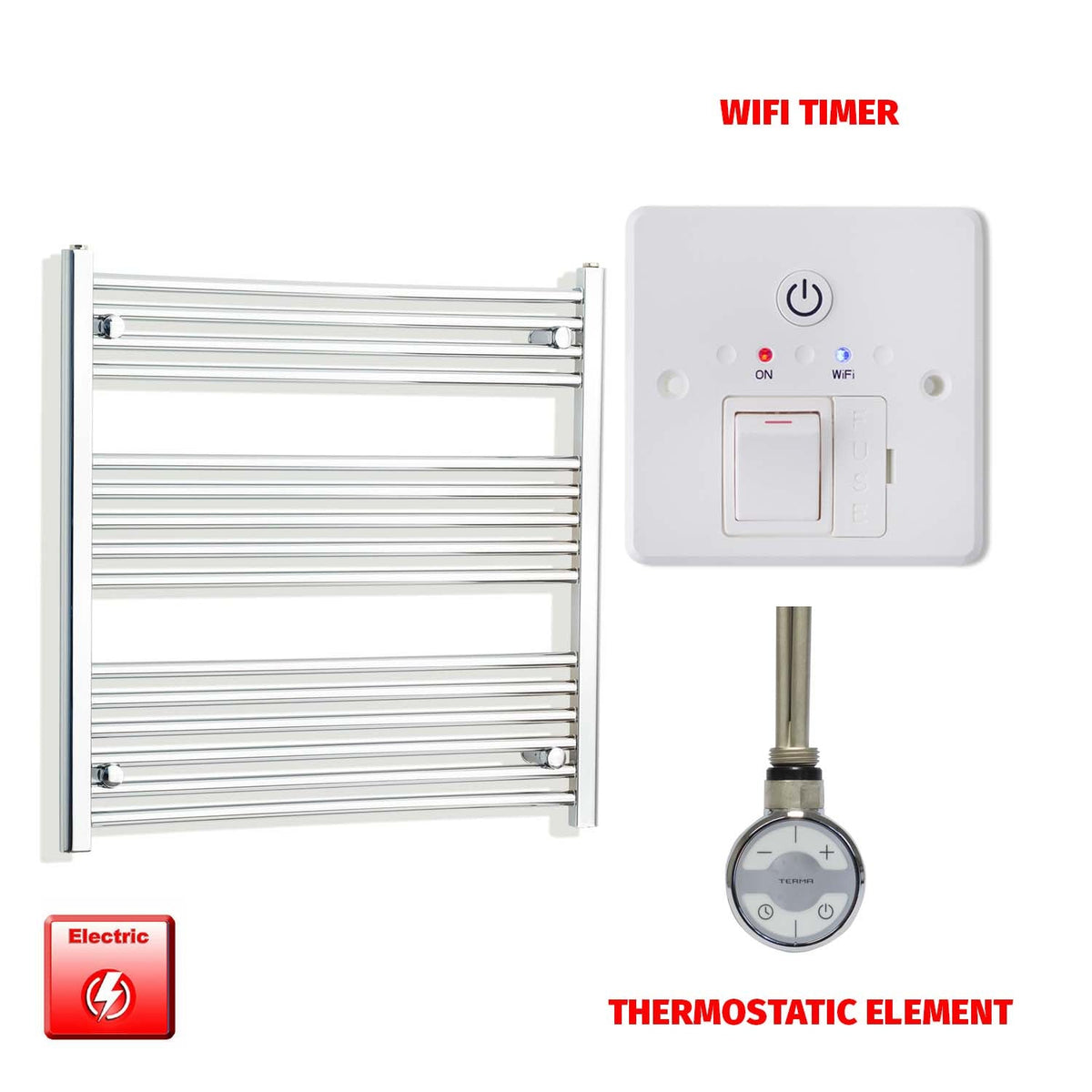 800mm High 900mm Wide Pre-Filled Electric Heated Towel Radiator Straight Chrome MOA Thermostatic element Wifi timer