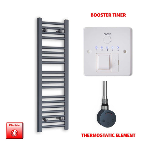1000mm High 300mm Wide Flat Anthracite Pre-Filled Electric Heated Towel Rail Radiator HTR SMR Thermostatic element Booster timer