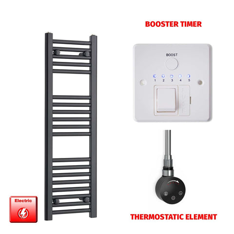 800mm High 300mm Wide Flat Black Pre-Filled Electric Heated Towel Radiator SMART Thermostatic Booster Timer