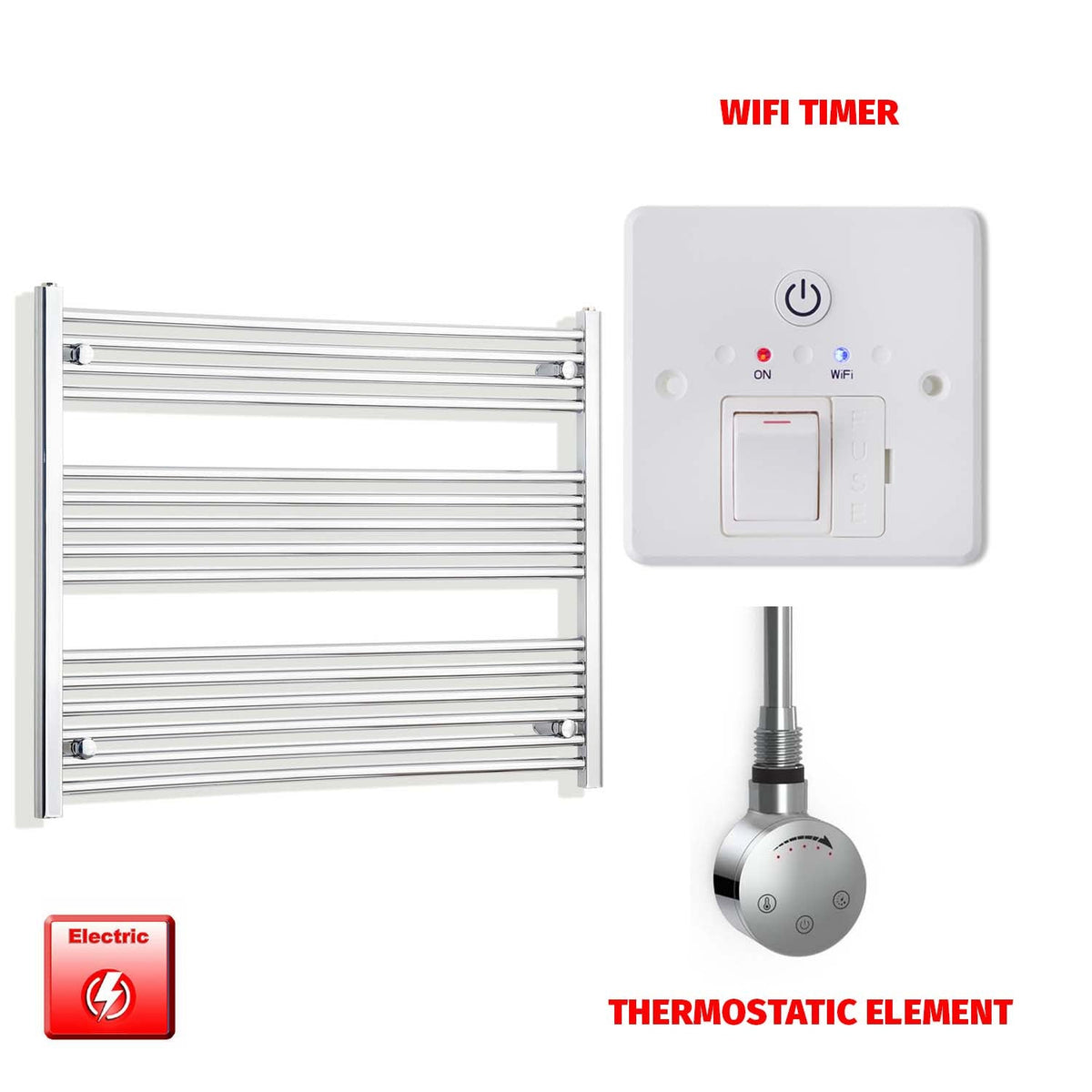 800mm High 950mm Wide Pre-Filled Electric Heated Towel Rail Radiator Straight Chrome MOA Thermostatic element Wifi timer