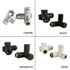 Four different colored plumbing valves displayed in a grid with labels for chrome, black, anthracite, and white.