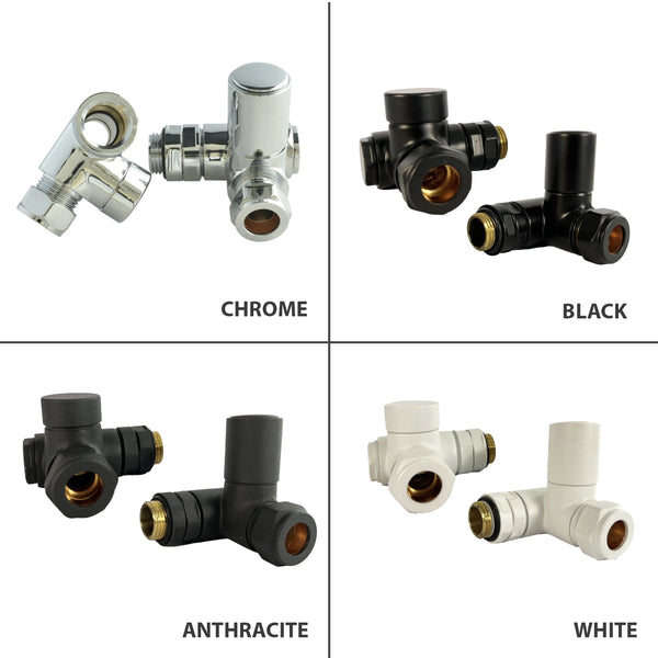 Four different colored plumbing valves displayed in a grid with labels for chrome, black, anthracite, and white.
