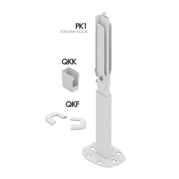 PK1 floor bracket for raw floor with QKK radiator clip and QKF floor cover