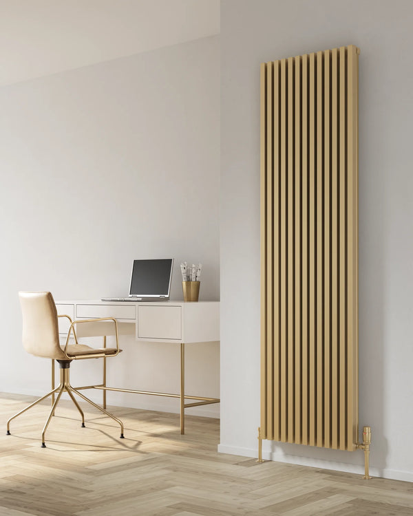Reina Albano 1800 x 510mm brass aluminium vertical radiator in a home office