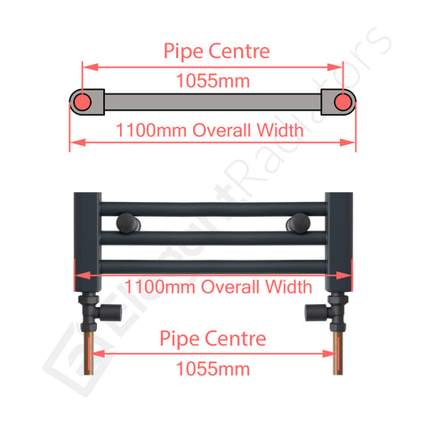 1100mm Wide Towel Rail Pipe Centre / Axis 1055mm diagram