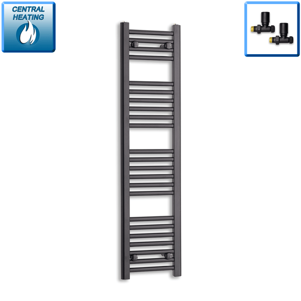 With Straight Inline Valves 1200 mm High x 300 mm Wide Heated Towel Radiator Flat Black