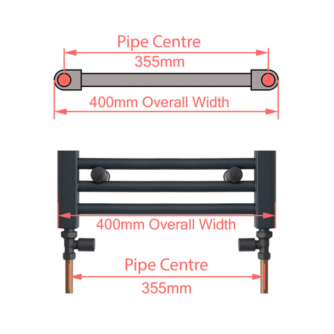 400 mm Wide Towel Rail Pipe Centre / Axis  355mm Diagram600 x 400 Heated Straight Anthracite-Sand Grey Towel Radiator pipe centre