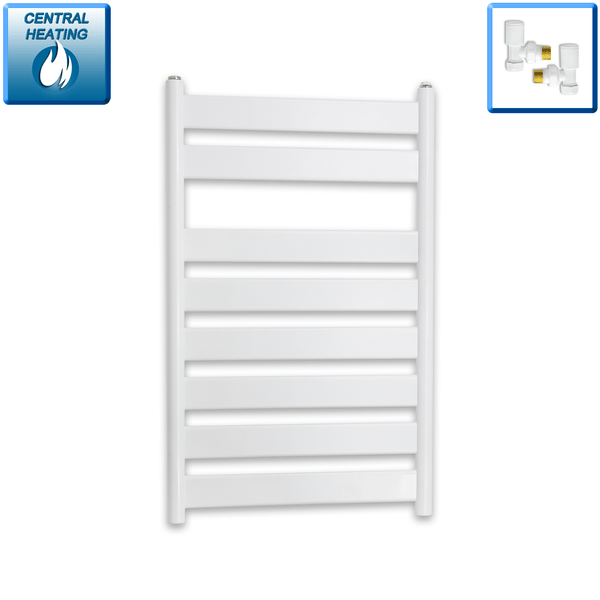 With Angled Valves 800 x 500 White Heated Flat Panel Towel Rail Radiator Central Heating