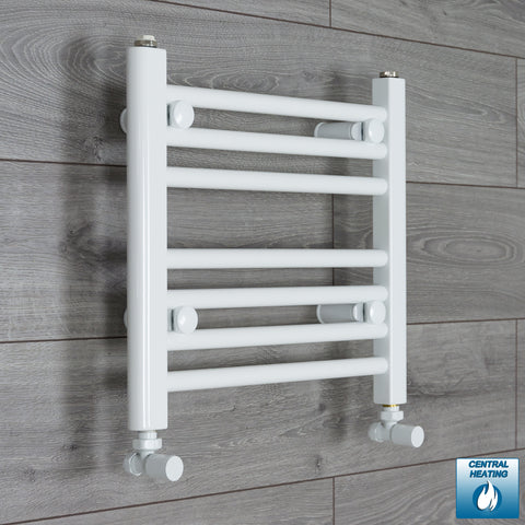 400mm Wide 400mm High White Towel Rail Radiator With Angled Valve