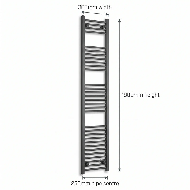 1800x300mm Flat Black Pre Filled Electric Towel Rail HTR