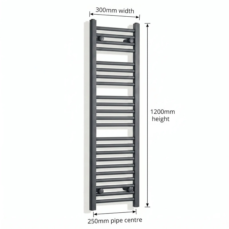1200x300mm Flat Black Pre Filled Electric Towel Rail