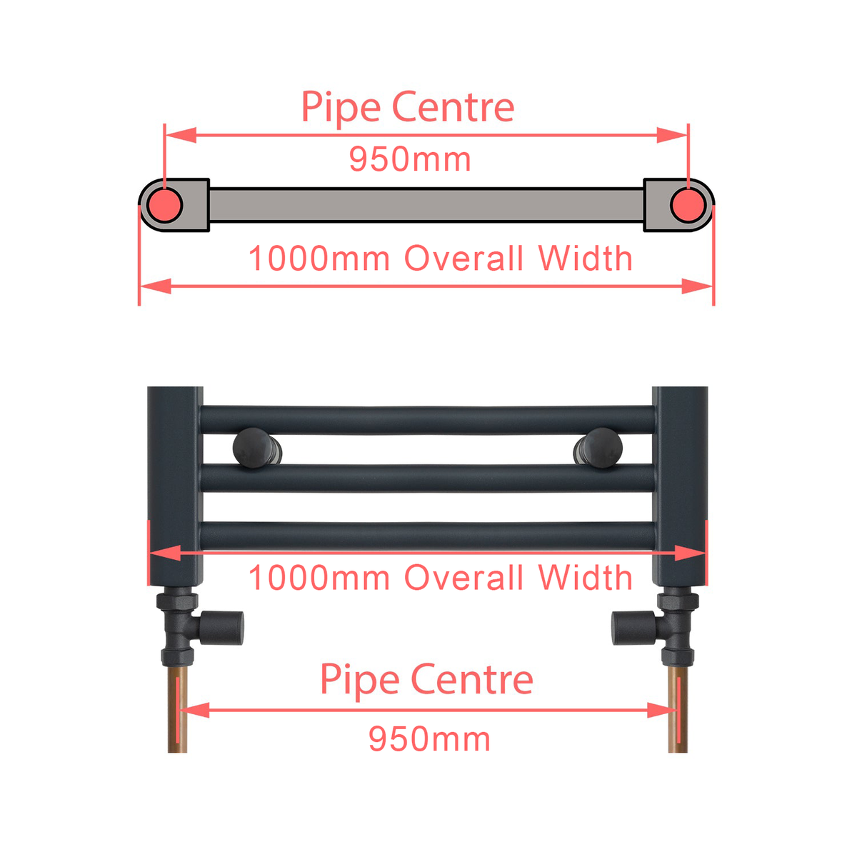 700 mm High x 1000 mm Wide Heated Straight Towel Rail Radiator Pipe Centre / Axis 950mm diagram