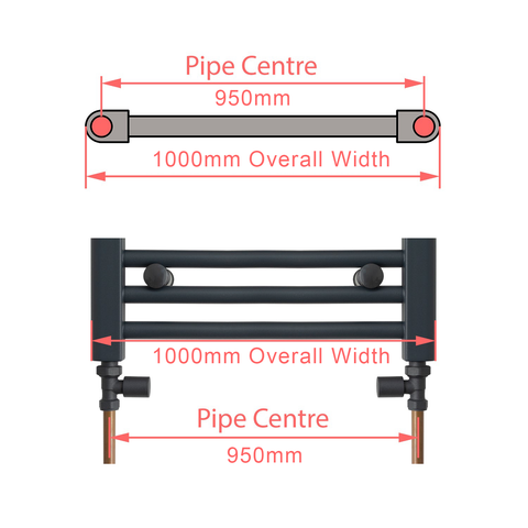 1000mm Wide Towel Rail Pipe Centre / Axis 950mm diagram