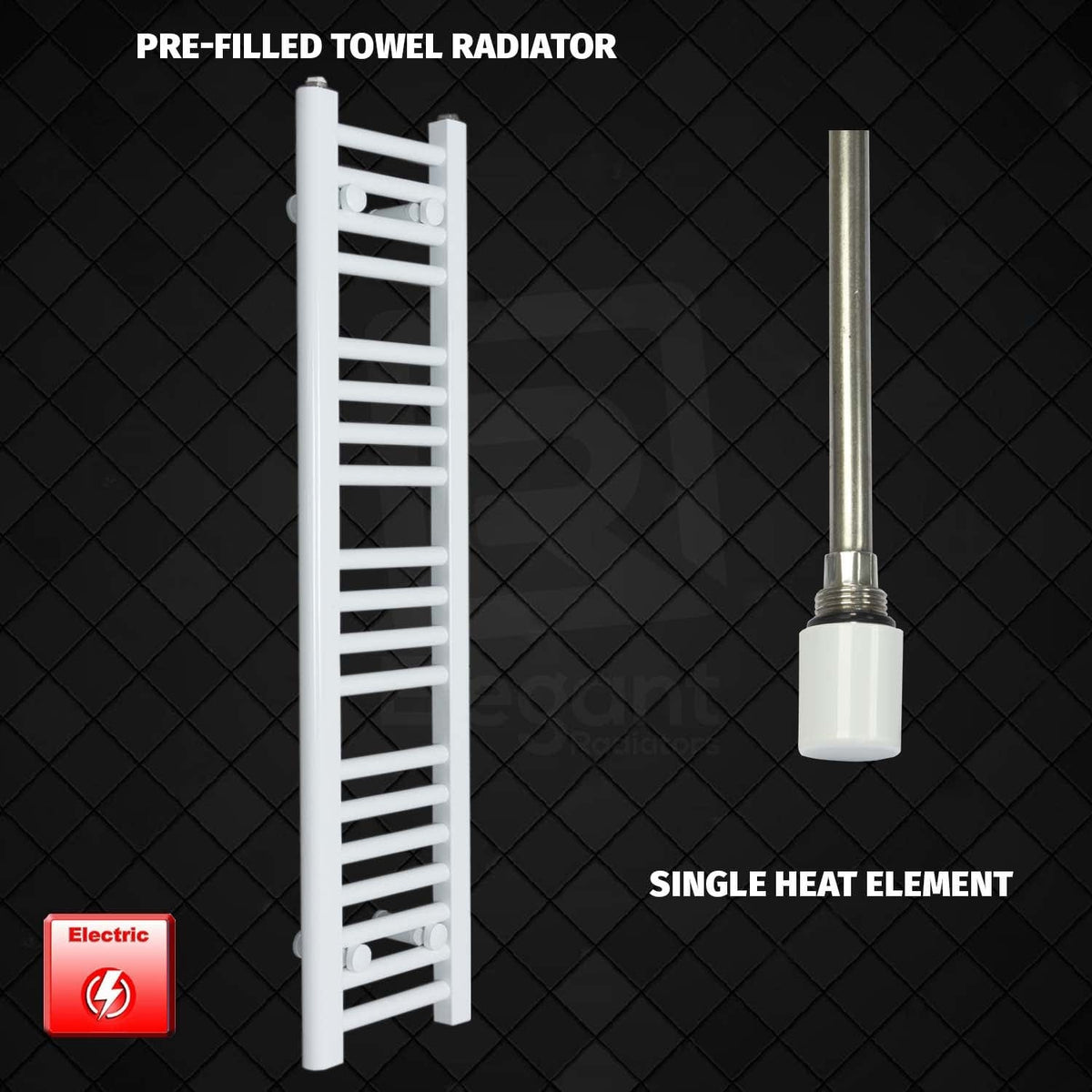 Single Heat / No Timer 1000 mm High 200 mm Wide Pre-Filled Electric Towel Rail White HTR