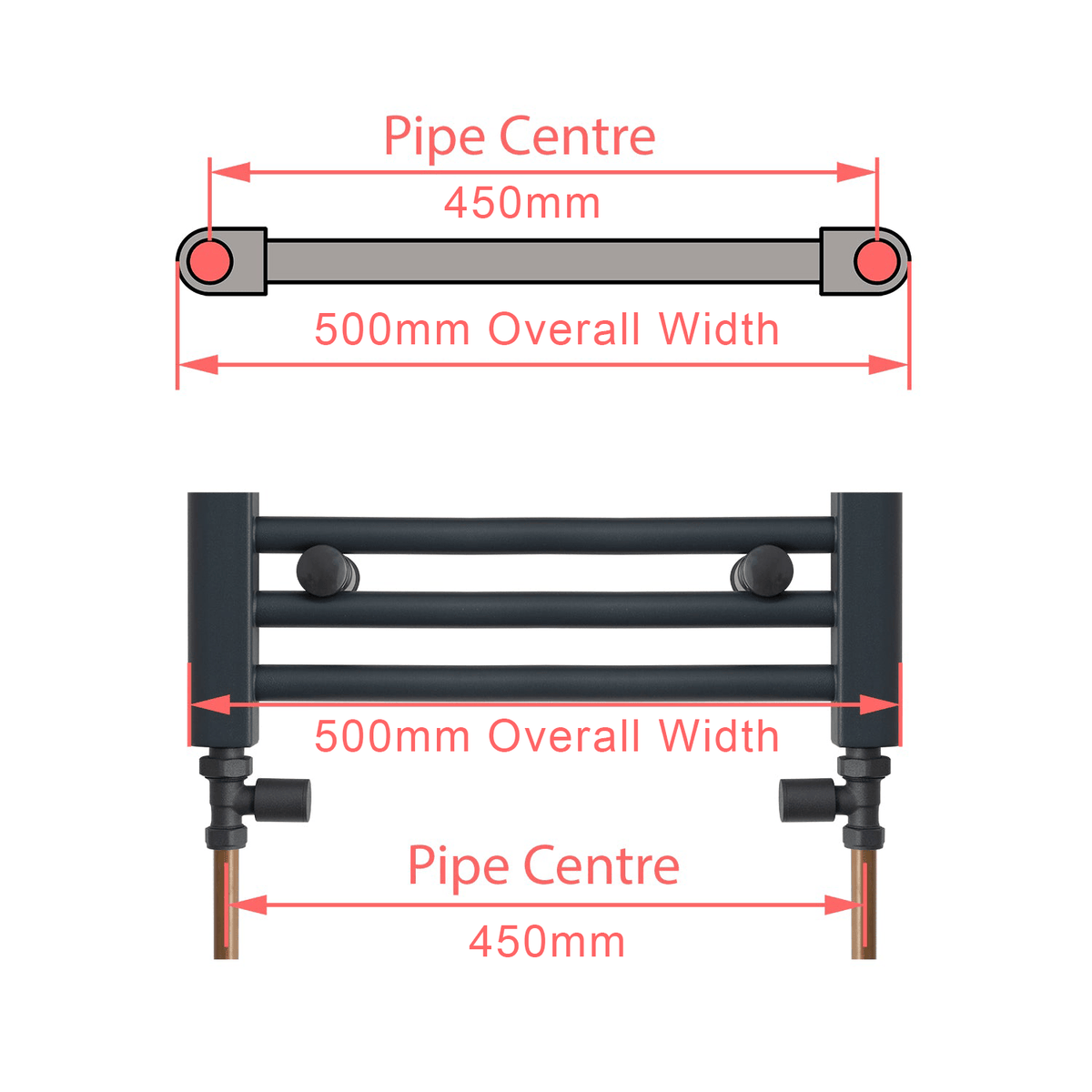 1000 mm High x 500 mm Wide Heated Towel Radiator Flat Black