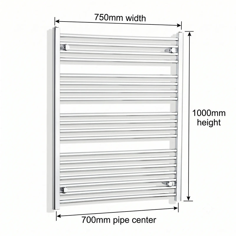 1000 mm High x 750 mm Wide Heated Curved Towel Rail Radiator Chrome - Elegant Radiators