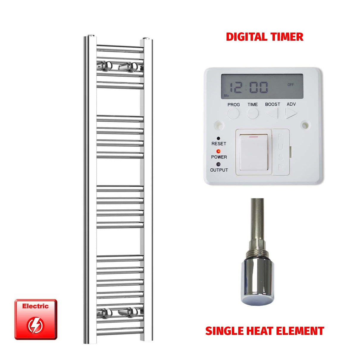 Single Heat / Digital Timer 1000 x 200 Pre-Filled Electric Heated Towel Radiator Straight Chrome