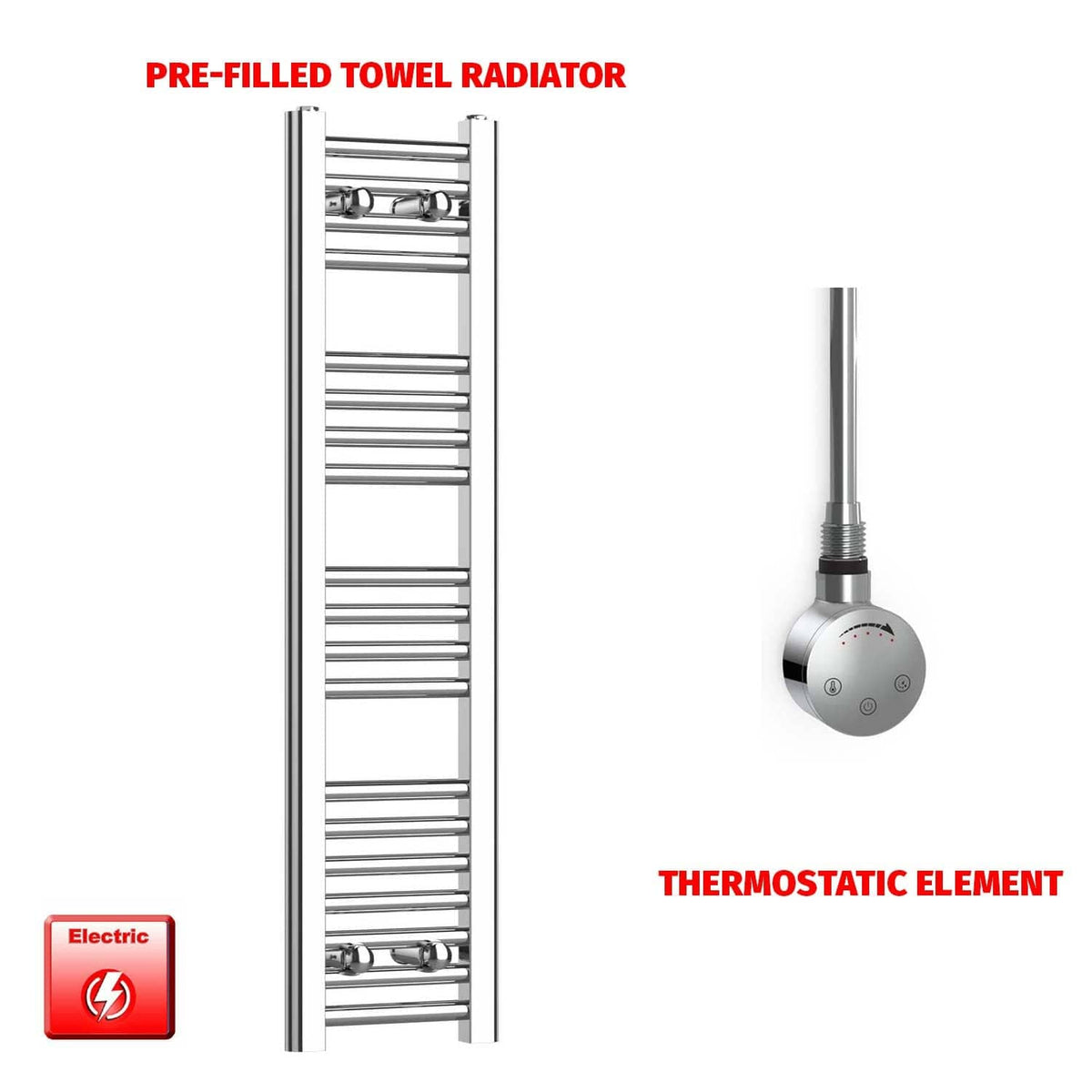 ER-Touch Thermostatic / No Timer 1000 x 200 Pre-Filled Electric Heated Towel Radiator Straight Chrome