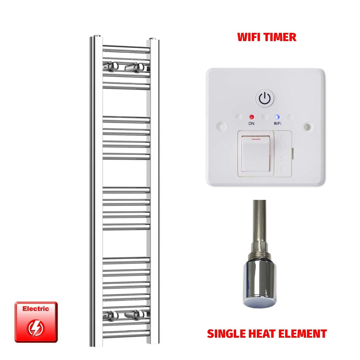 Single Heat / Wifi Timer 1000 x 250 Pre-Filled Electric Heated Towel Radiator Straight Chrome