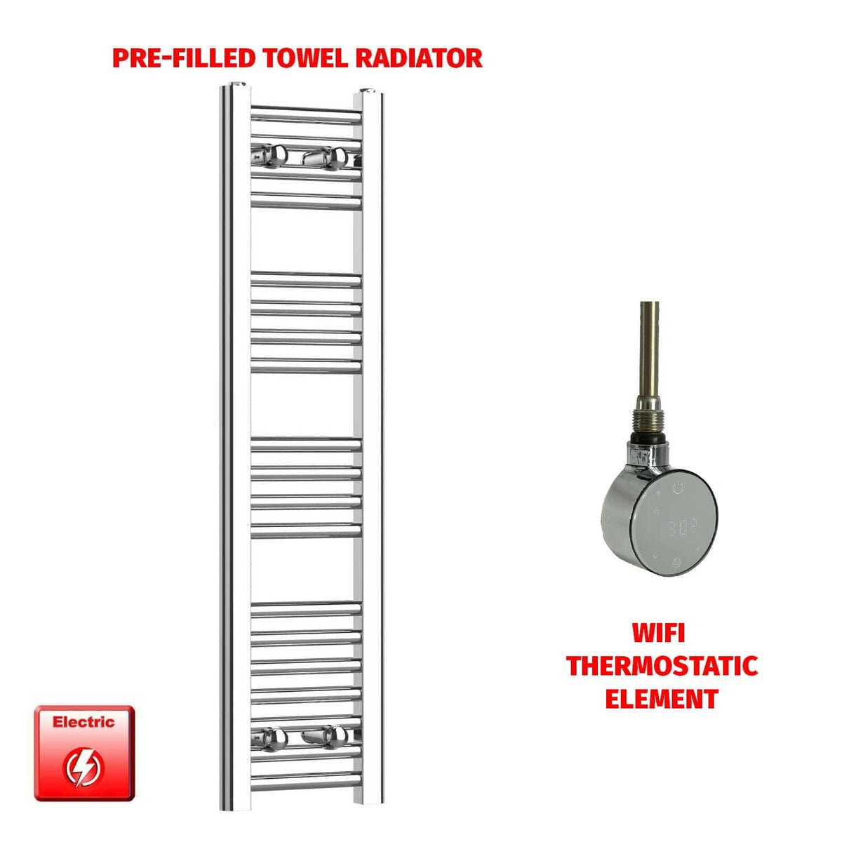 ER-Wifi Thermostatic / No Timer 1000 x 250 Pre-Filled Electric Heated Towel Radiator Straight Chrome