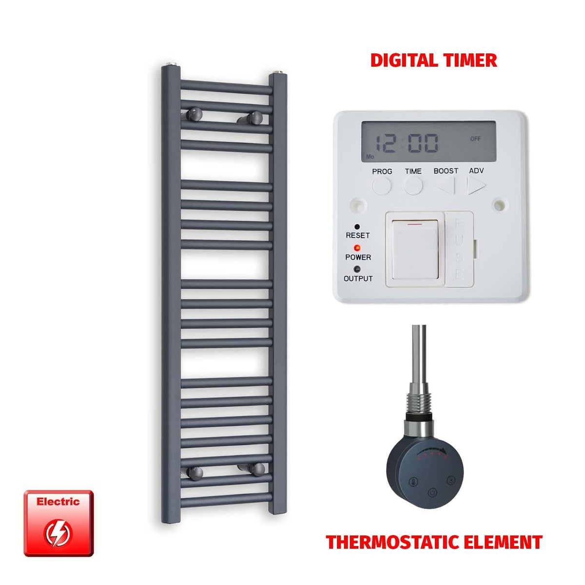 ER-Touch Thermostatic / Digital Timer 1000 x 300 Flat Anthracite Pre-Filled Electric Heated Towel Rail