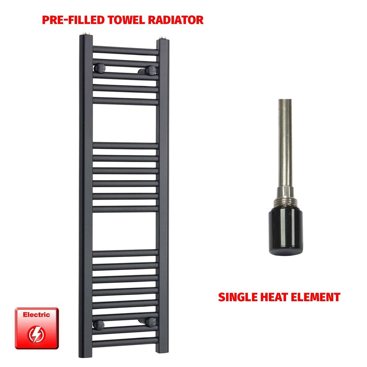 Single Heat / No Timer 1000 x 300 Flat Black Pre-Filled Electric Heated Towel Rail