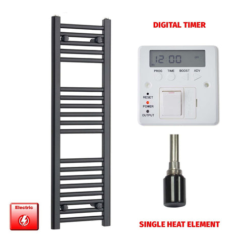 Single Heat / Digital Timer 1000 x 300 Flat Black Pre-Filled Electric Heated Towel Rail