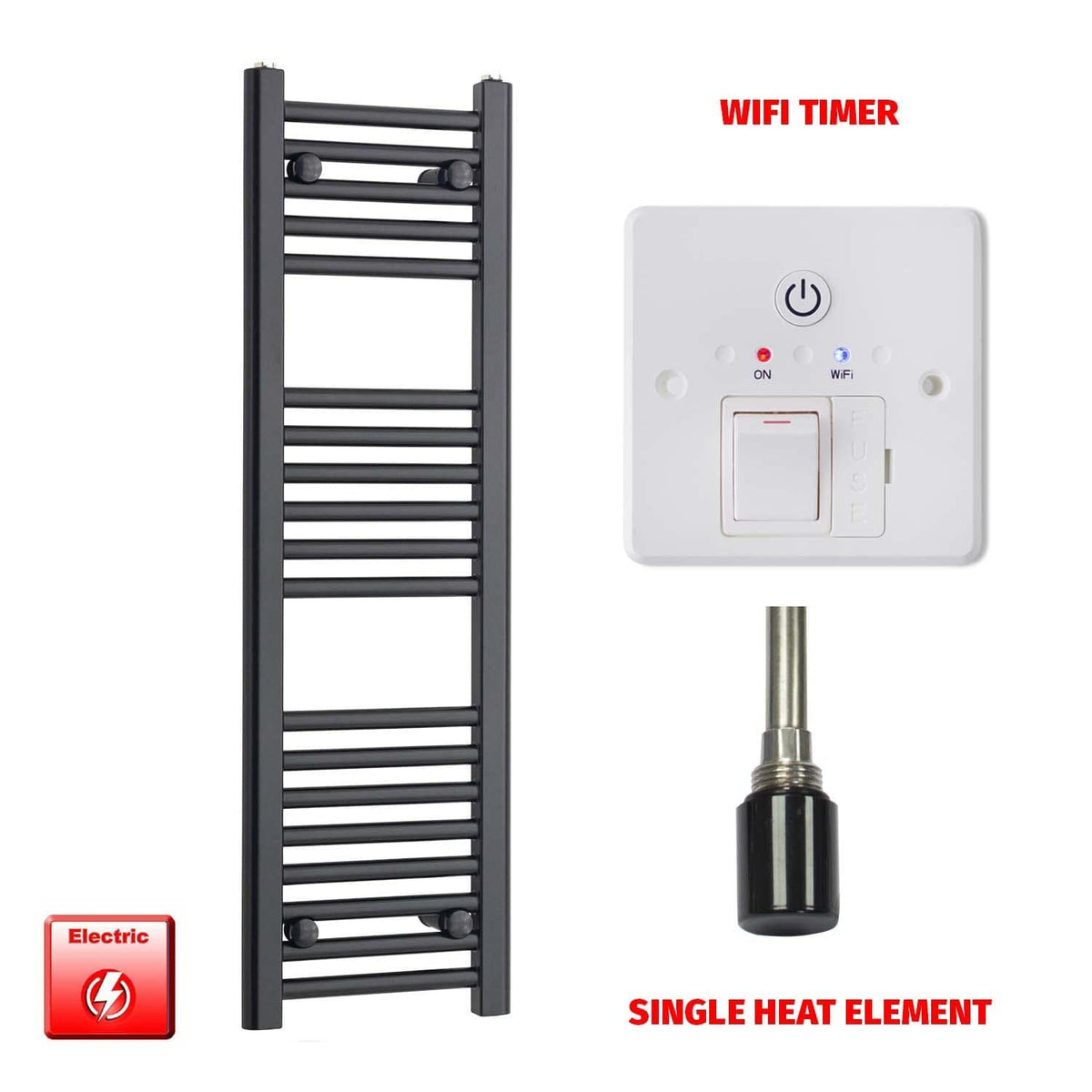 Single Heat / Wifi Timer 1000 x 300 Flat Black Pre-Filled Electric Heated Towel Rail