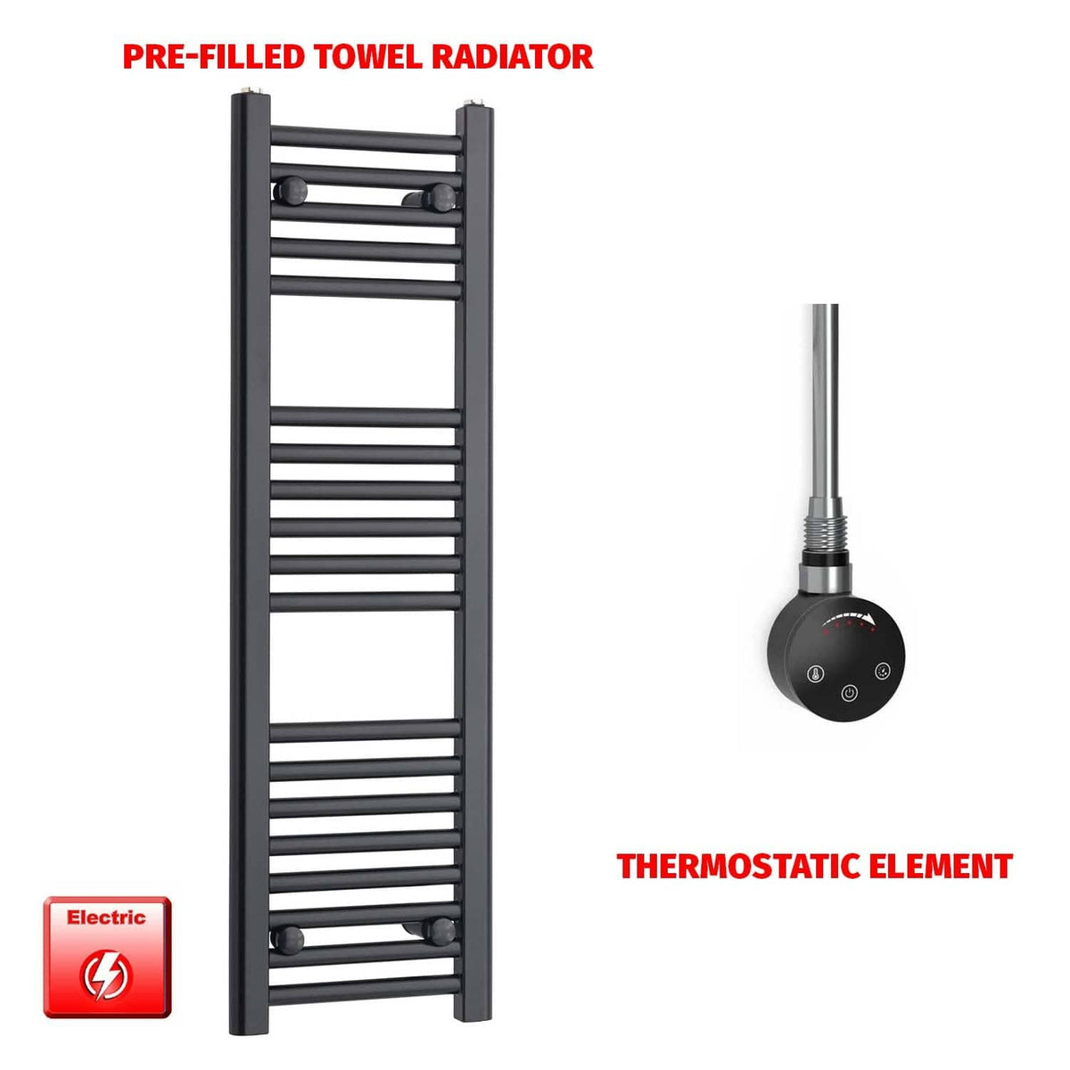 ER-Touch Thermostatic / No Timer 1000 x 300 Flat Black Pre-Filled Electric Heated Towel Rail