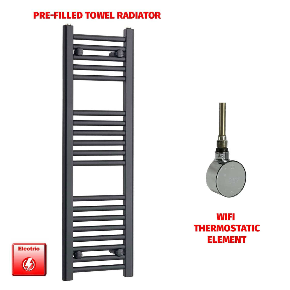 ER-Wifi Thermostatic / No Timer 1000 x 300 Flat Black Pre-Filled Electric Heated Towel Rail