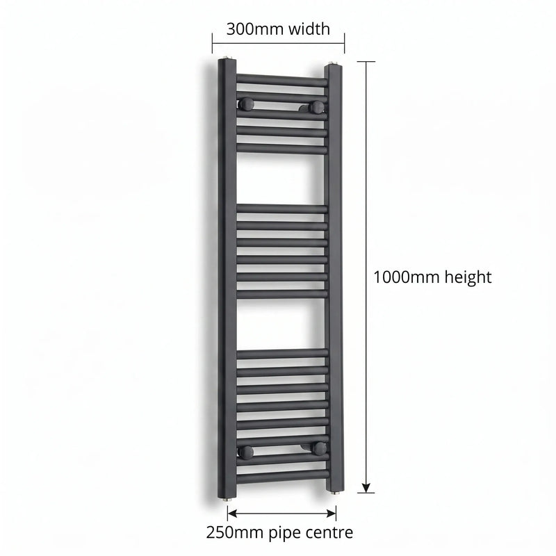 1000 mm High 300 mm Wide Black Towel Rail Central Heating - view 9