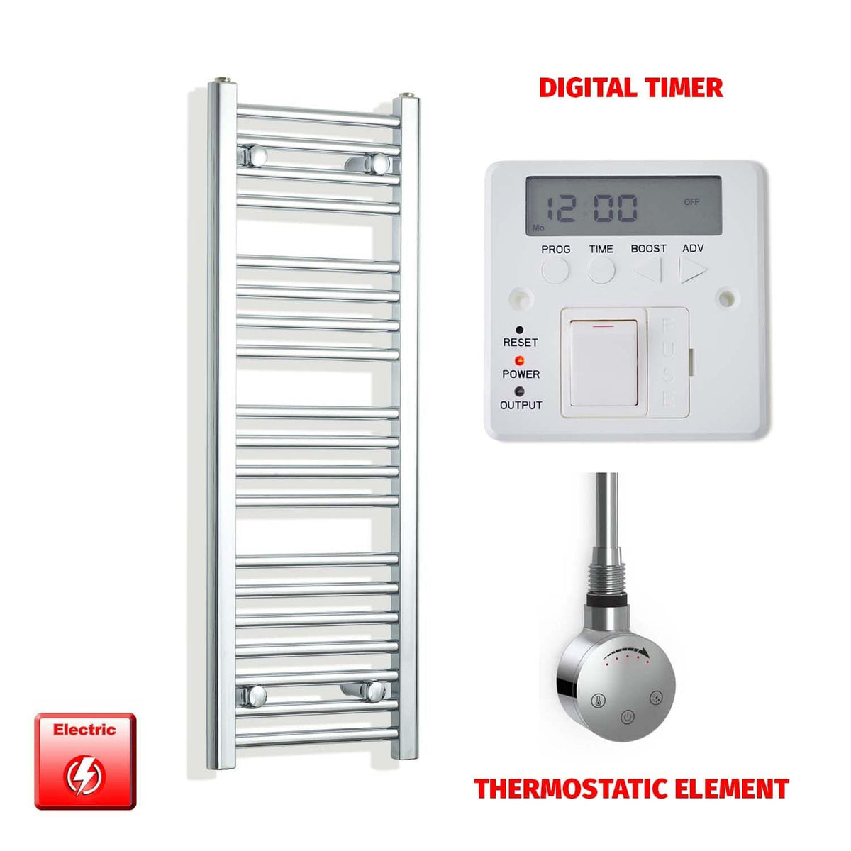 ER-Touch Thermostatic / Digital Timer 1000 x 300 Pre-Filled Electric Heated Towel Rail Chrome