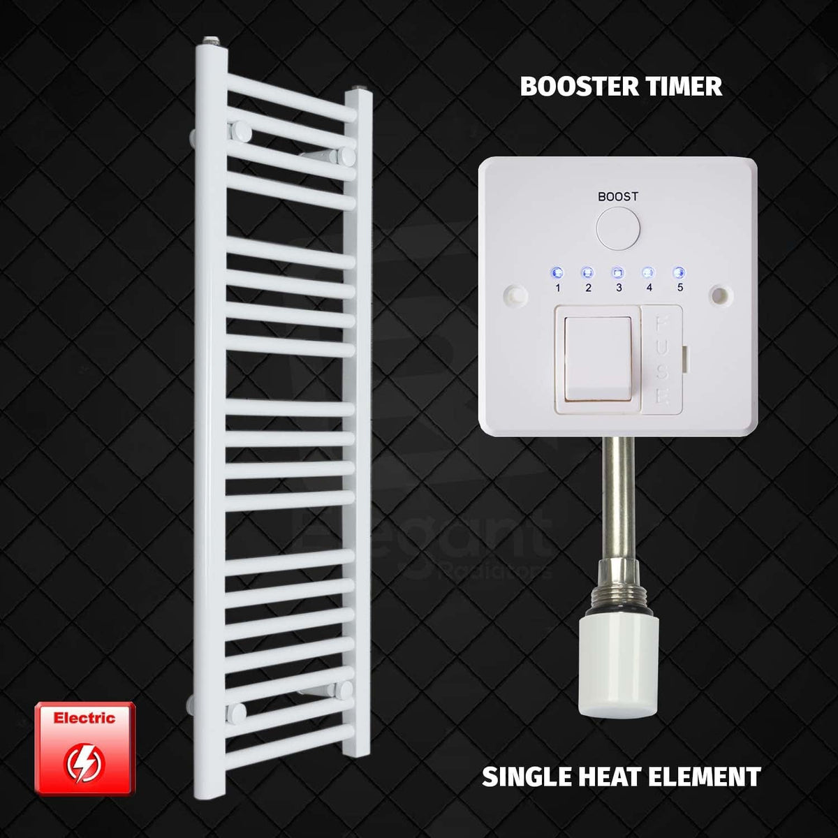 Single Heat / Booster Timer 1000 x 300 Pre-Filled Electric Heated Towel Rail White HTR