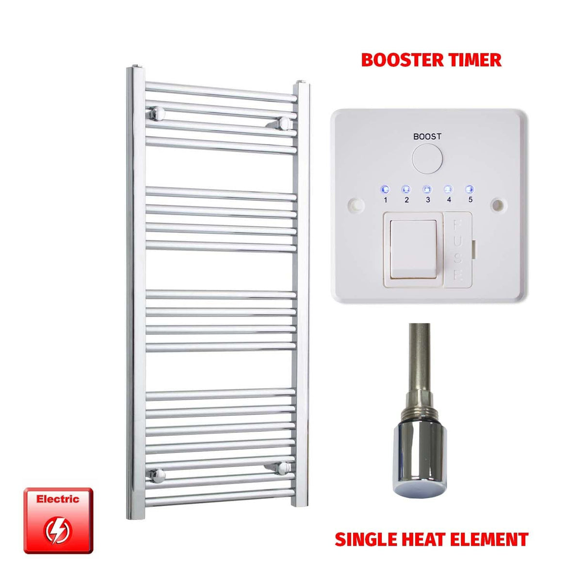 Flat / Single Heat / Booster Timer 1000 x 400 Chrome Electric Heated Pre-Filled Towel Radiator