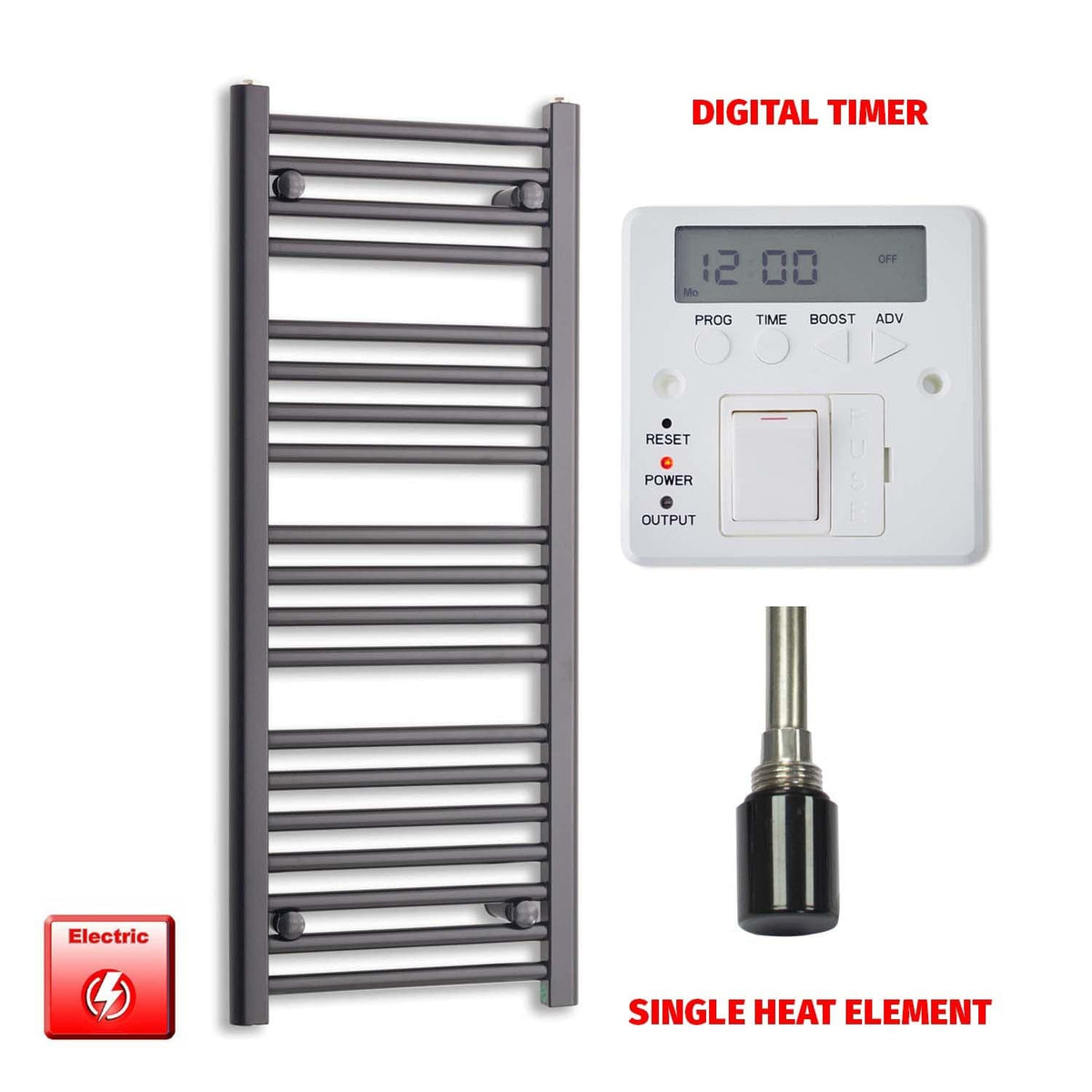 Single Heat / Digital Timer 1000 x 400 Flat Black Pre-Filled Electric Heated Towel Radiator