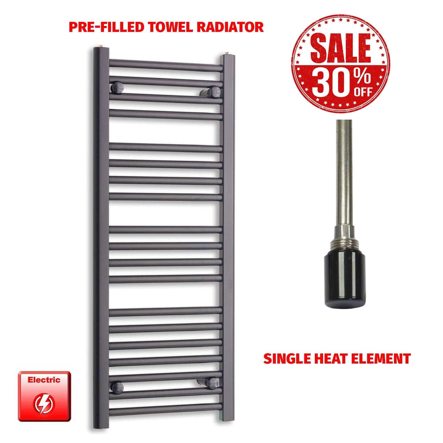 1000 x 400 Flat Black Pre Filled Electric Heated Towel Rail