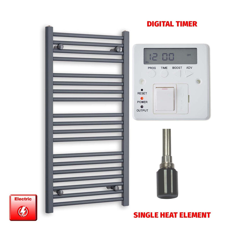 Single Heat / Digital Timer 1000 x 500 Flat Anthracite Pre-Filled Electric Heated Towel Radiator