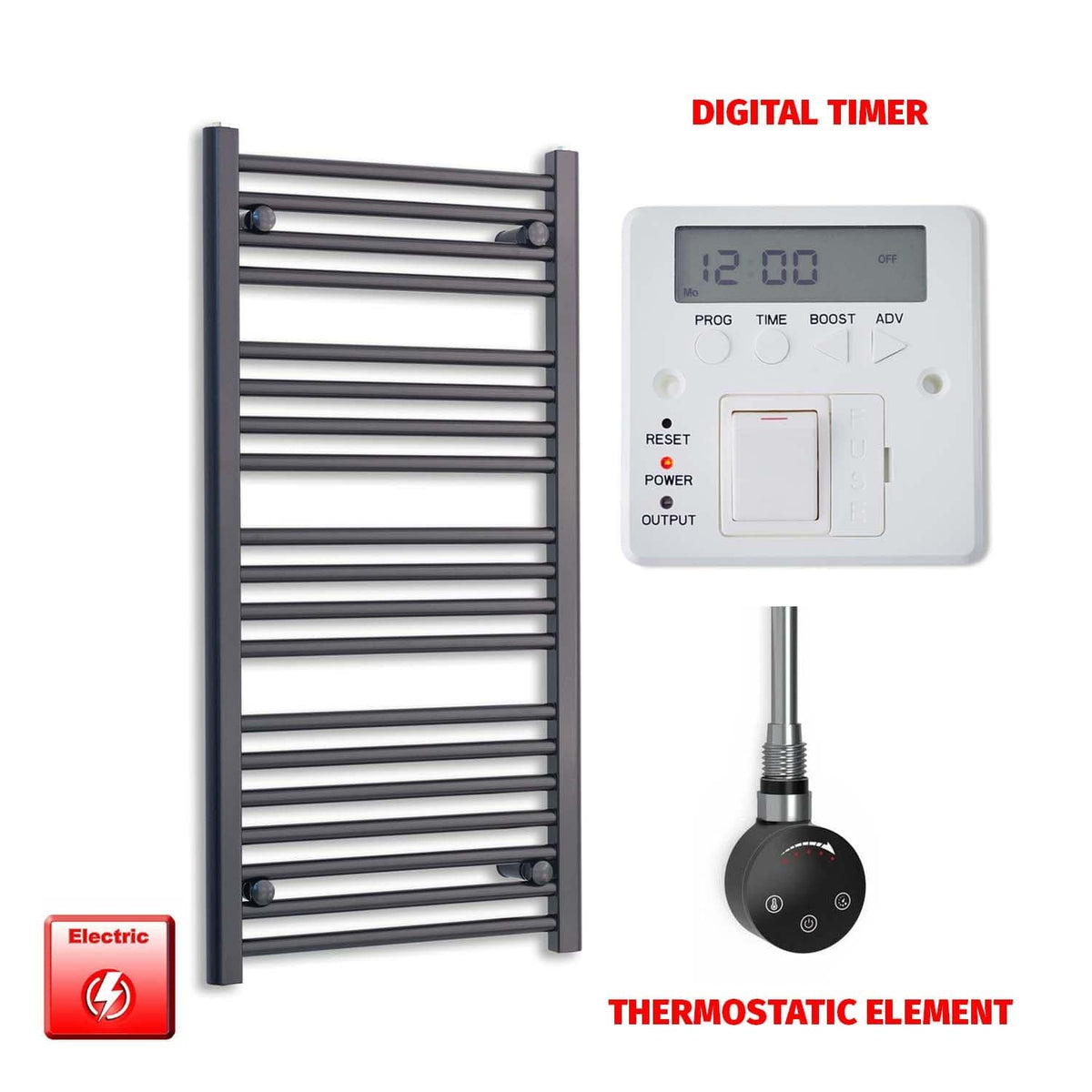 ER-Touch Thermostatic / Digital Timer 1000 x 550 Flat Black Pre-Filled Electric Heated Towel Radiator HTR