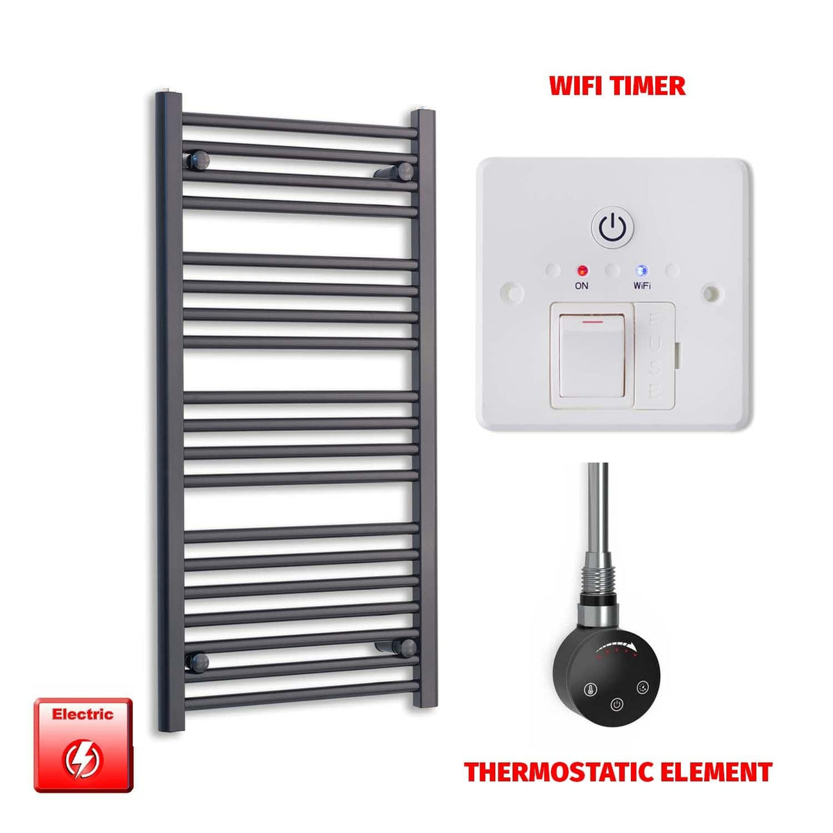 ER-Touch Thermostatic / Wifi Timer 1000 x 600 Flat Black Pre-Filled Electric Heated Towel Radiator HTR