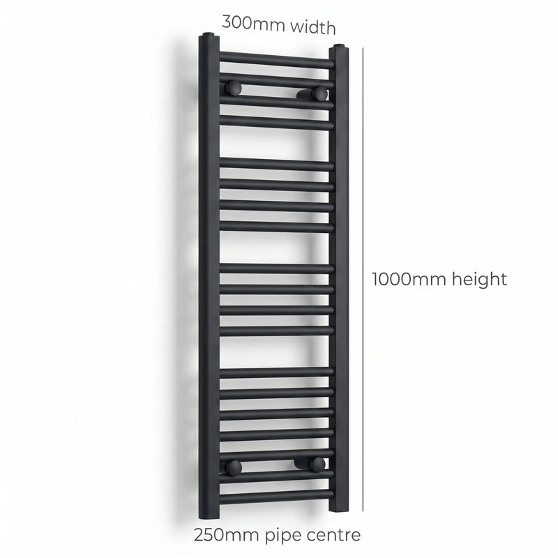 1000 mm High 300 mm Wide Black Towel Rails Dimensions