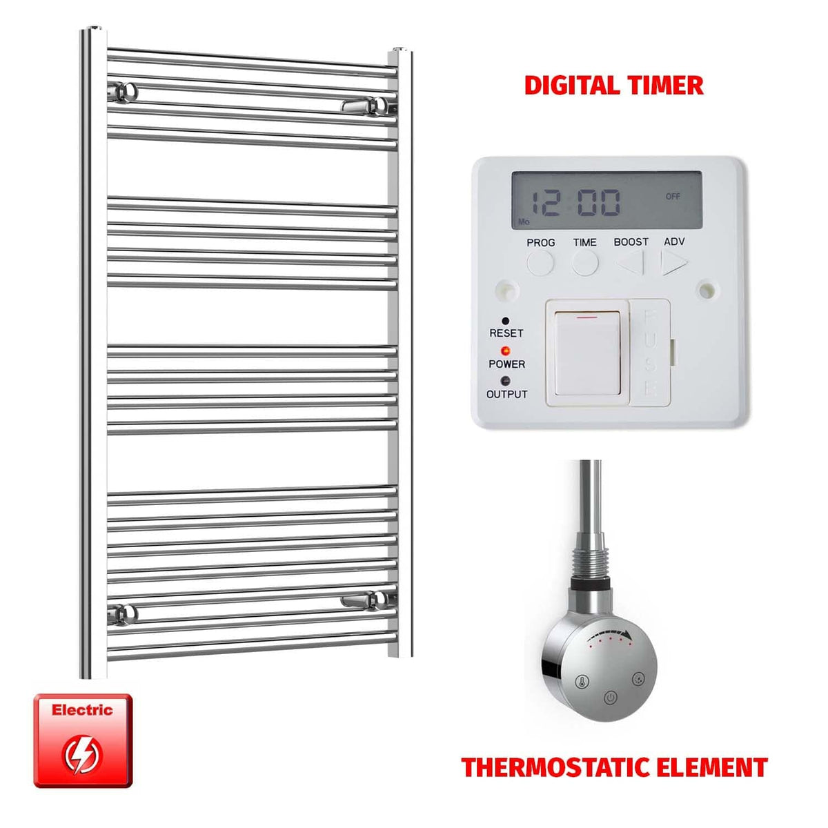 Flat / ER-Touch Thermostatic / Digital Timer 1000mm High 700mm Wide Pre-Filled Chrome Electric Towel Rail