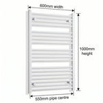 1000mm High x 600mm Wide Heated Towel Radiator Flat White - Elegant Radiators