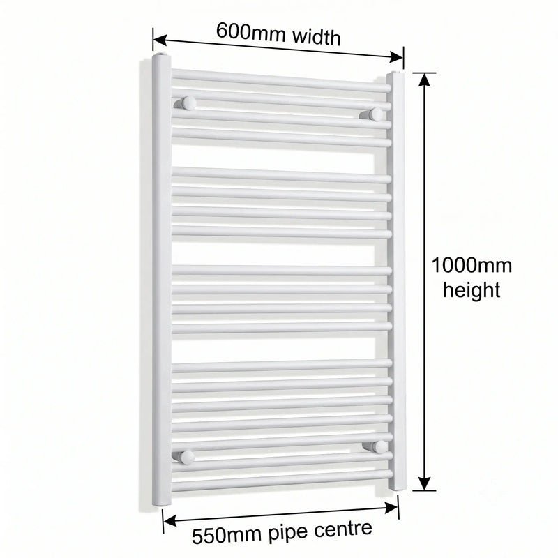 1000mm High x 600mm Wide Heated Towel Radiator Flat White - Elegant Radiators