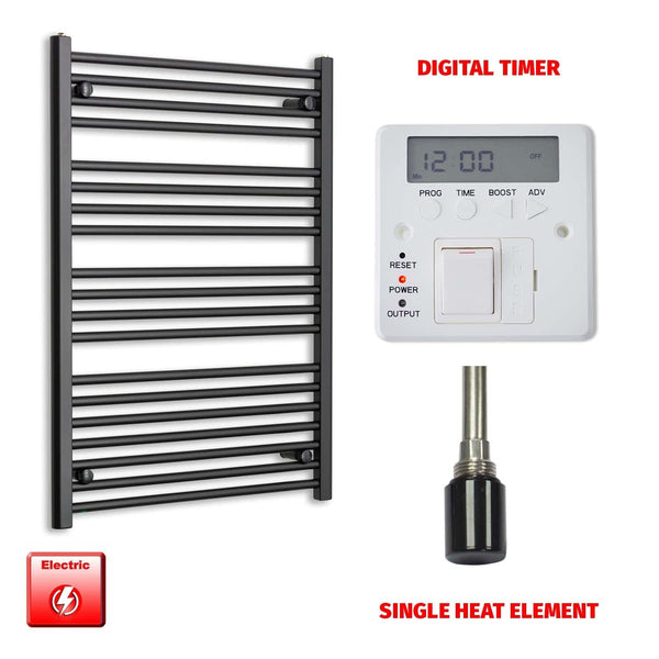 Single Heat / Digital Timer 1000mm x 700mm Wide Flat Black Pre-Filled Electric Towel Radiator