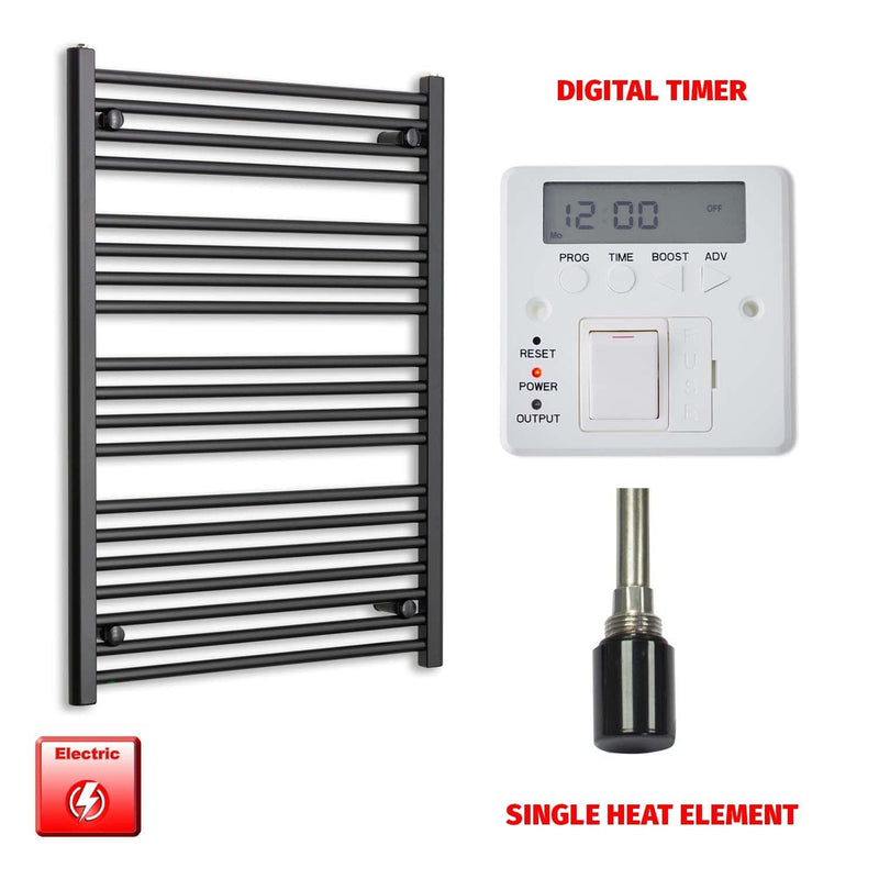 Single Heat / Digital Timer 1000mm x 700mm Wide Flat Black Pre-Filled Electric Towel Radiator